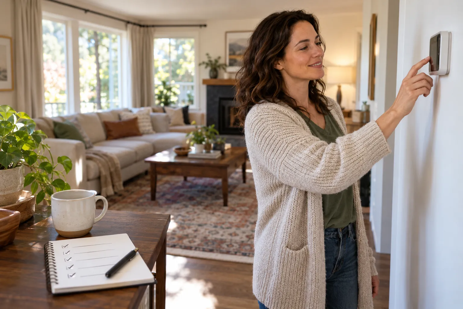 A homeowner checking a thermostat at home in the Vallejo area